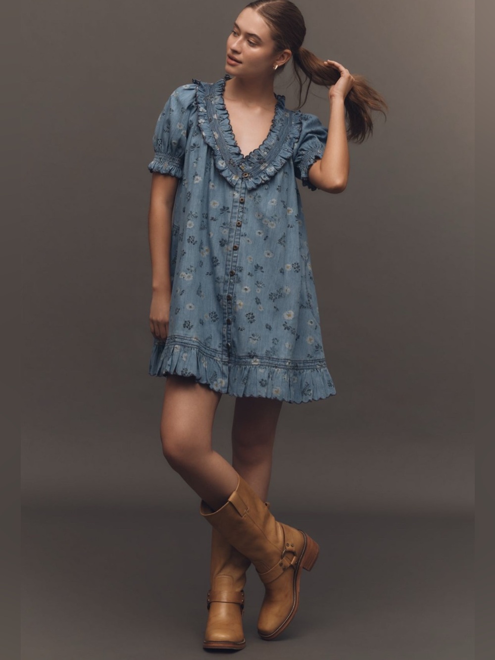 Pilcro puff sleeve ruffled v-neck mini swing dress